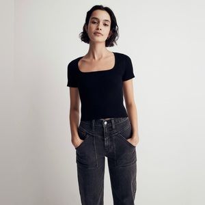 Madewell Women’s Square-Neck Crop Sweater Tee XS Black Short Sleeve